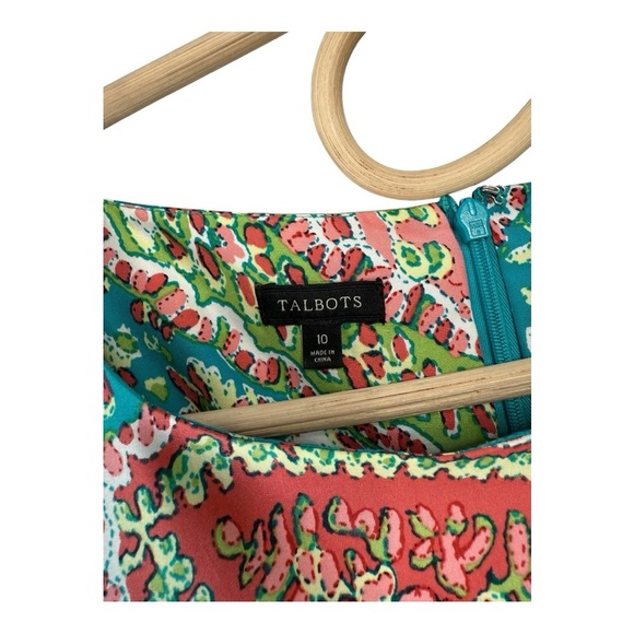 Talbots Silk Cap Sleeve Boat Neck Shift Dress Blue Coral Pink Knee Length  S 10 - Picture 4 of 16